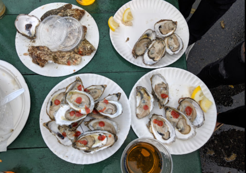 Four plates of oysters with lemon wedges and a cup, accompanied by drinks on a green table.