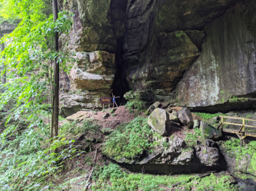 A person stands near a rocky cave entrance surrounded by lush greenery and trees.