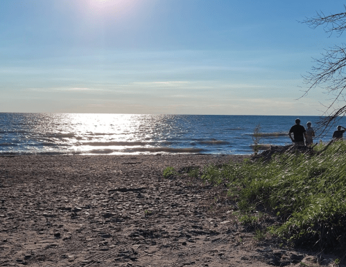A serene beach scene with two people standing by the water, reflecting sunlight on the waves and a clear blue sky.