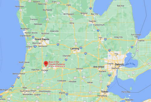 Map of Michigan highlighting the location of "Born in the Clouds Preserve" near Paw Paw.