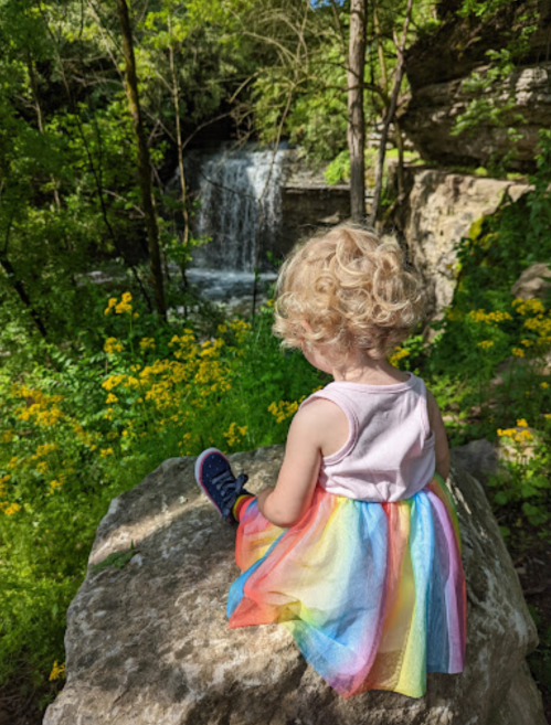 A child with curly hair sits on a rock, wearing a rainbow skirt, overlooking a waterfall surrounded by greenery and flowers.