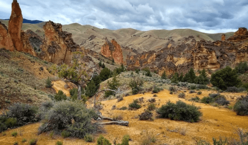 A rugged landscape featuring rocky formations, rolling hills, and sparse vegetation under a cloudy sky.
