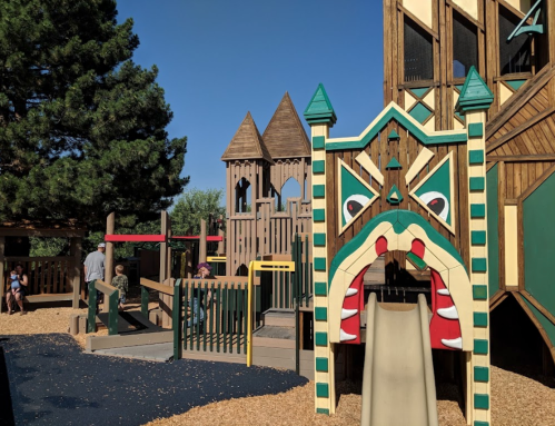 Colorful playground with a large slide, wooden structures, and a whimsical face design, surrounded by trees and children playing.