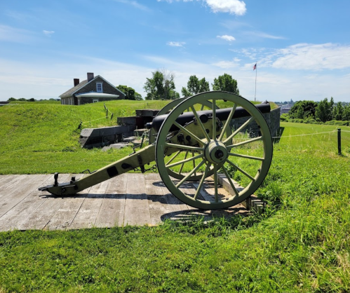 A historic cannon on a grassy field, with a blue sky and a building in the background.