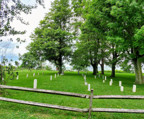 A grassy cemetery with white headstones, surrounded by tall trees and a wooden fence under a cloudy sky.