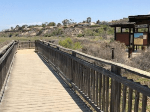 A wooden boardwalk leads through a natural area, with a sign for "Big Canyon" visible in the background.