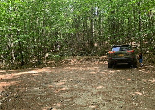 A parked SUV in a forested area with trees and rocks, and a person walking nearby on a dirt path.