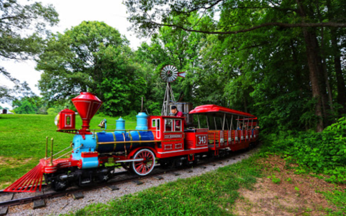 A colorful vintage train with a red engine and blue accents, surrounded by lush greenery and a windmill in the background.