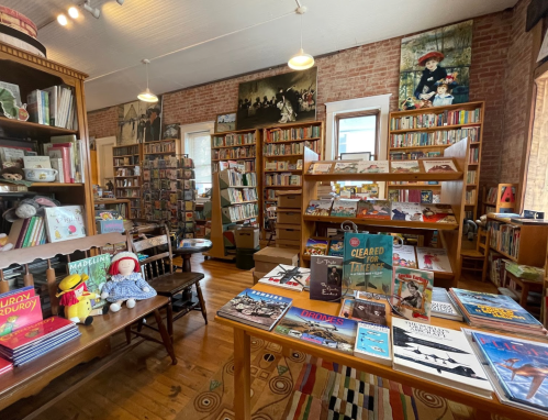 A cozy bookstore with wooden shelves filled with books, a table displaying various titles, and a warm, inviting atmosphere.