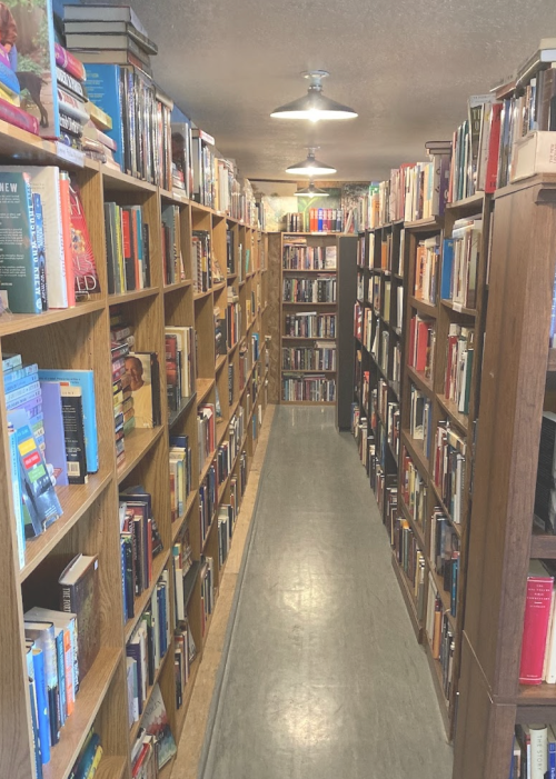 A narrow aisle between tall bookshelves filled with various books in a cozy library setting.