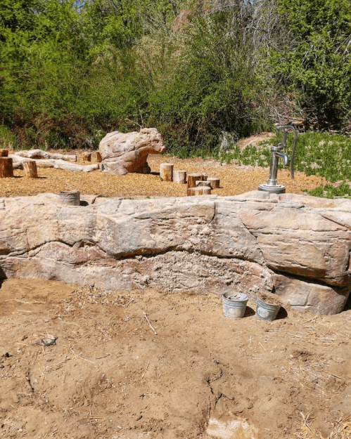A rocky area with a hand pump and two metal buckets, surrounded by greenery and wooden logs in the background.
