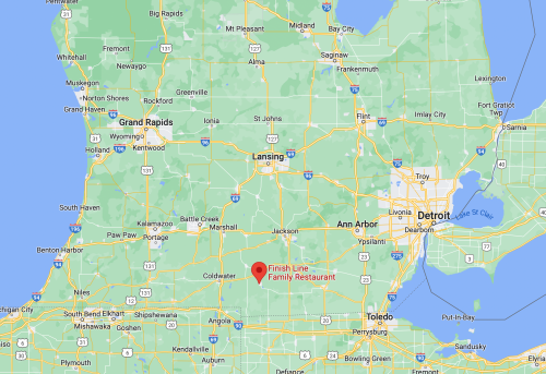 Map showing the location of Finish Line Family Restaurant in Coldwater, Michigan, near major cities like Detroit and Lansing.