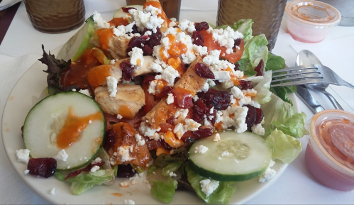 A colorful salad with grilled chicken, cucumbers, tomatoes, cranberries, cheese, and dressing on a bed of greens.