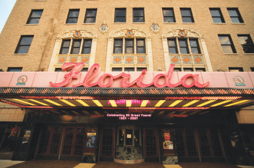 Historic Florida Theatre entrance with vibrant neon signage, celebrating 80 years from 1927 to 2007.