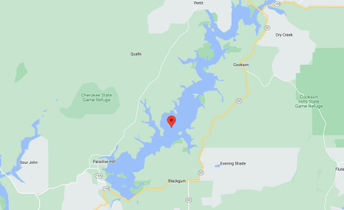 Map showing a lake area with surrounding roads and landmarks, including Cookton Hills State Game Refuge.