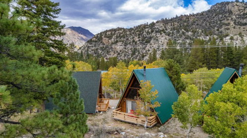 Aerial view of A-frame cabins surrounded by trees and mountains under a cloudy sky.