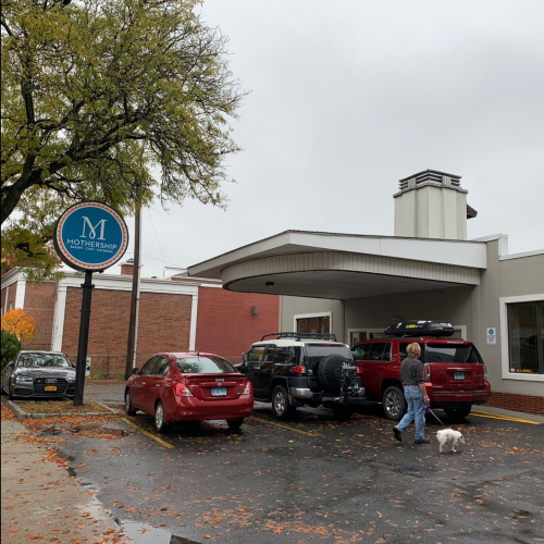 A person walks a dog past a building with a sign reading "Mothership" and parked cars on a cloudy day.