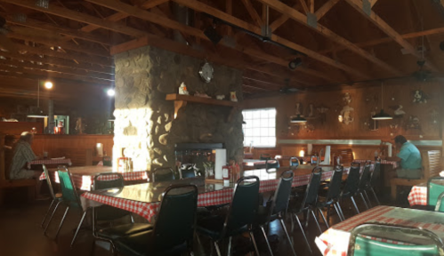 Cozy restaurant interior with wooden beams, stone fireplace, and checkered tablecloths, featuring empty tables and a warm atmosphere.