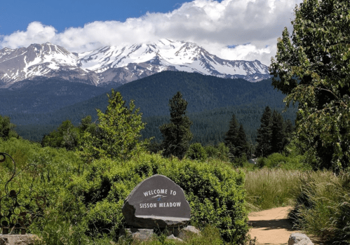 A stone sign reading "Welcome to Sisson Meadow" with mountains and trees in the background under a blue sky.