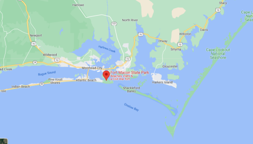 Map showing Fort Macon State Park and surrounding areas, including Atlantic Beach and nearby waterways.