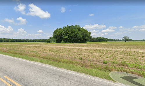 A rural landscape featuring a road, open fields, and a cluster of trees under a partly cloudy sky.