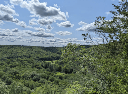 A scenic view of lush green hills under a blue sky with fluffy clouds.