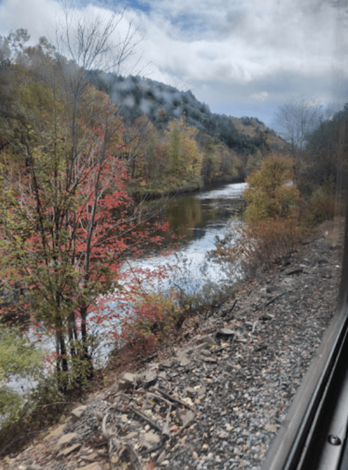 Scenic view of a river surrounded by autumn trees, with mountains in the background and a cloudy sky.