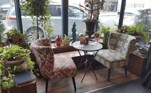 Cozy café corner with two chairs, a small table, and various plants by a large window.