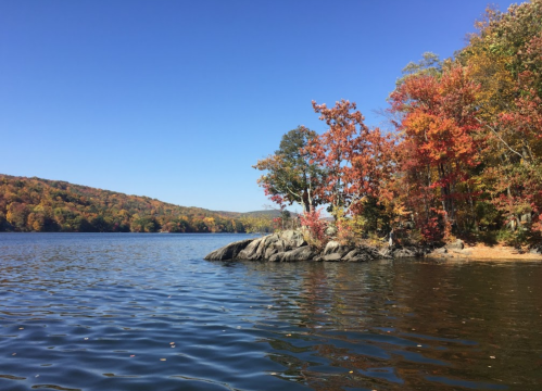A serene lake scene with colorful autumn trees and rocky shoreline under a clear blue sky.