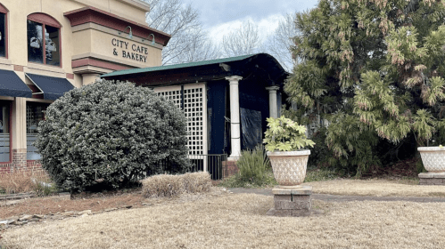 A cafe and bakery building with a large bush and potted plants in a grassy area under a cloudy sky.