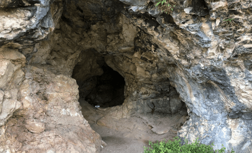 A rocky cave entrance with a dark interior, surrounded by rough stone and sparse greenery.