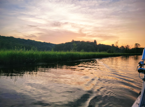 A serene river scene at sunset, with lush greenery lining the banks and soft ripples on the water's surface.