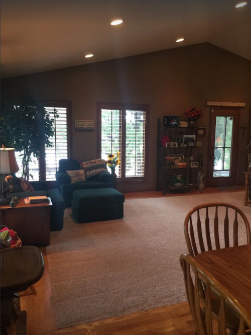 Cozy living room with a green couch, wooden furniture, and large windows letting in natural light.
