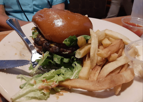 A close-up of a burger with lettuce and fries on a plate, with a knife and fork beside it.