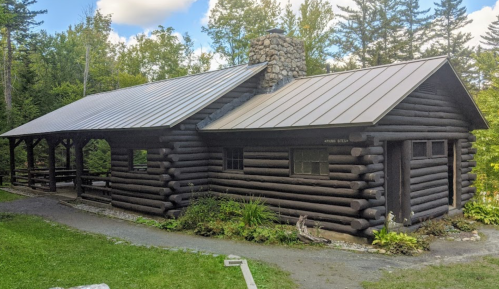 A rustic log cabin with a metal roof, surrounded by greenery and trees, featuring a stone chimney.