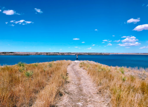 A person stands on a path by a calm lake, surrounded by tall grass and a clear blue sky with scattered clouds.