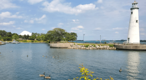 A serene waterfront scene featuring a lighthouse, ducks in the water, and a distant white dome under a blue sky.