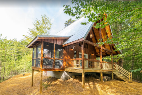 A rustic wooden cabin with a metal roof, surrounded by trees and featuring a screened porch and wooden deck.