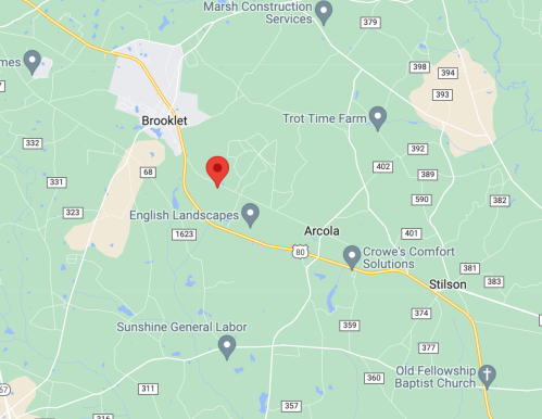 Map showing a location marked with a red pin near Brooklet, Georgia, with surrounding roads and landmarks.