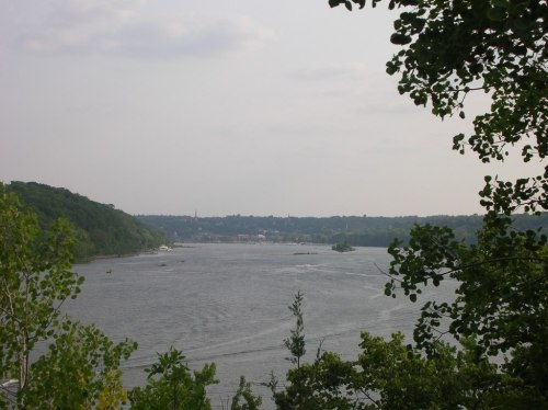 A serene river scene framed by trees, with a distant town visible under a cloudy sky.