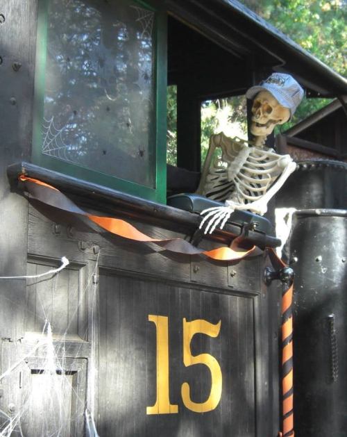 A skeleton in a cap sits in the window of a train engine, decorated with spider webs and orange and black accents.