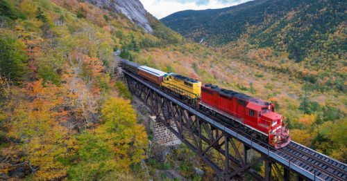 The red and yellow train as part of the North Conway Railroad in New Hampshire