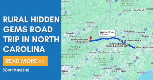 Map highlighting a road trip route for hidden gems in rural North Carolina, with a travel time of 4 hours and 15 minutes.