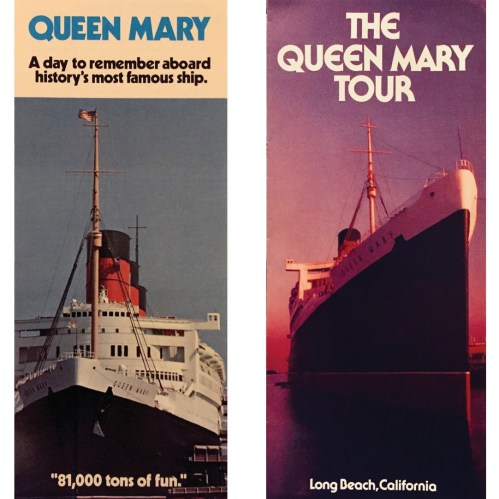 Brochure for the Queen Mary, featuring images of the ship and promoting tours in Long Beach, California.