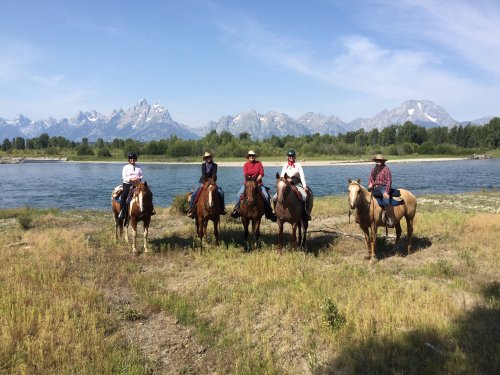 Five people on horseback stand by a river with mountains in the background on a sunny day.
