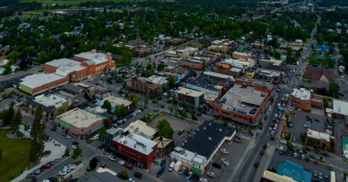 An aerial view of downtown Whitefish, Montana, as a storm slowly comes into town.