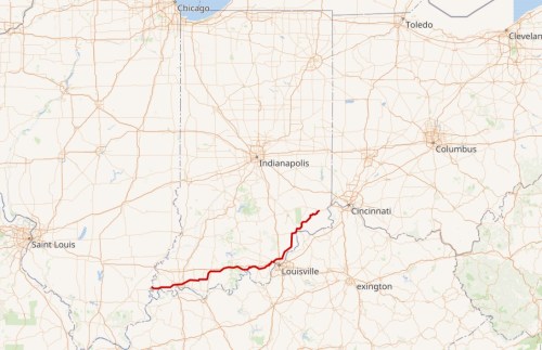 Map showing a route marked in red, stretching from Indiana to Kentucky, with major cities labeled.