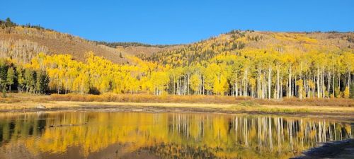 A serene landscape featuring a lake reflecting vibrant autumn foliage on surrounding hills.