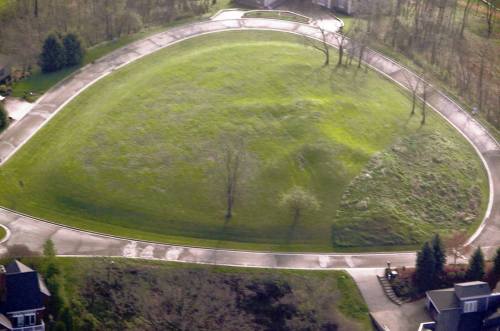 Aerial view of a large, grassy area shaped like a heart, surrounded by winding roads and trees.