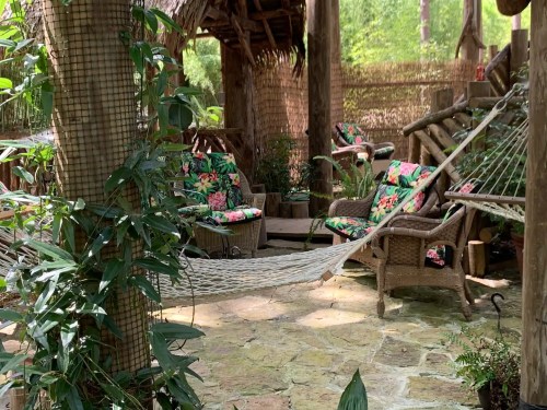 A serene outdoor space with a hammock, tropical-patterned chairs, and lush greenery, surrounded by natural elements.